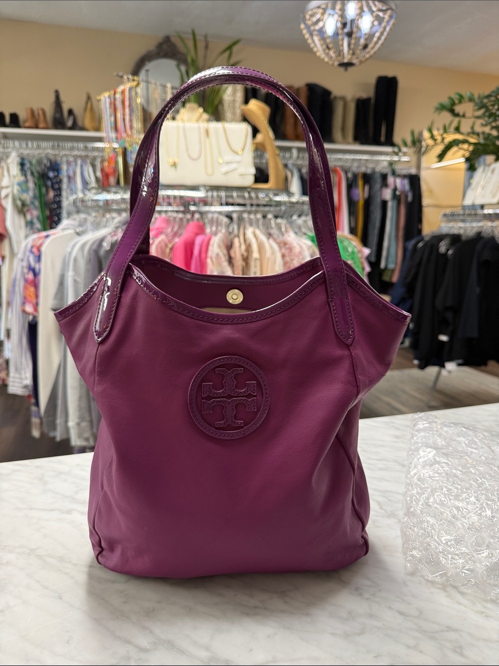 Tory Burch Fuchsia Pink Patent Leather Strap and Logo with Coated Canvas Tote